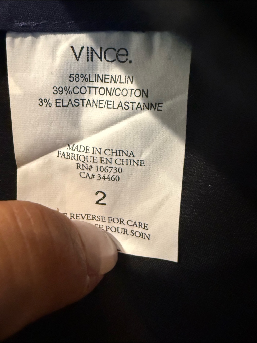 Vince. Linen/Cotton/Stretch Blend Straight Leg Trouser. Black. Size 2. - Picture 9 of 11